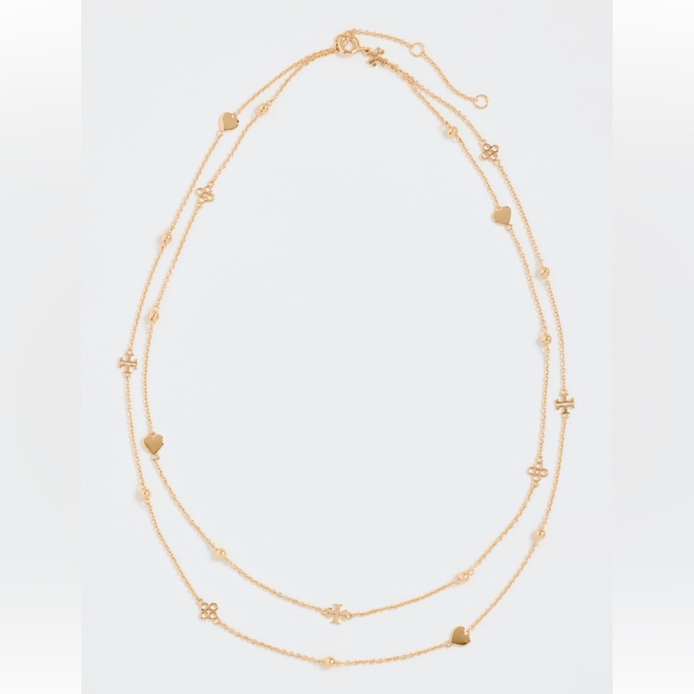 Tory Burch Kira Layered Necklace Gold 18k Plated Logo Heart Charms NEW - Picture 4 of 6